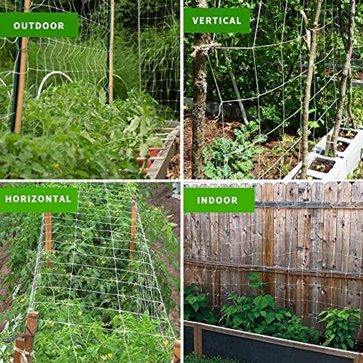 White polyester plant trellis netting with square grid, secured to wooden posts