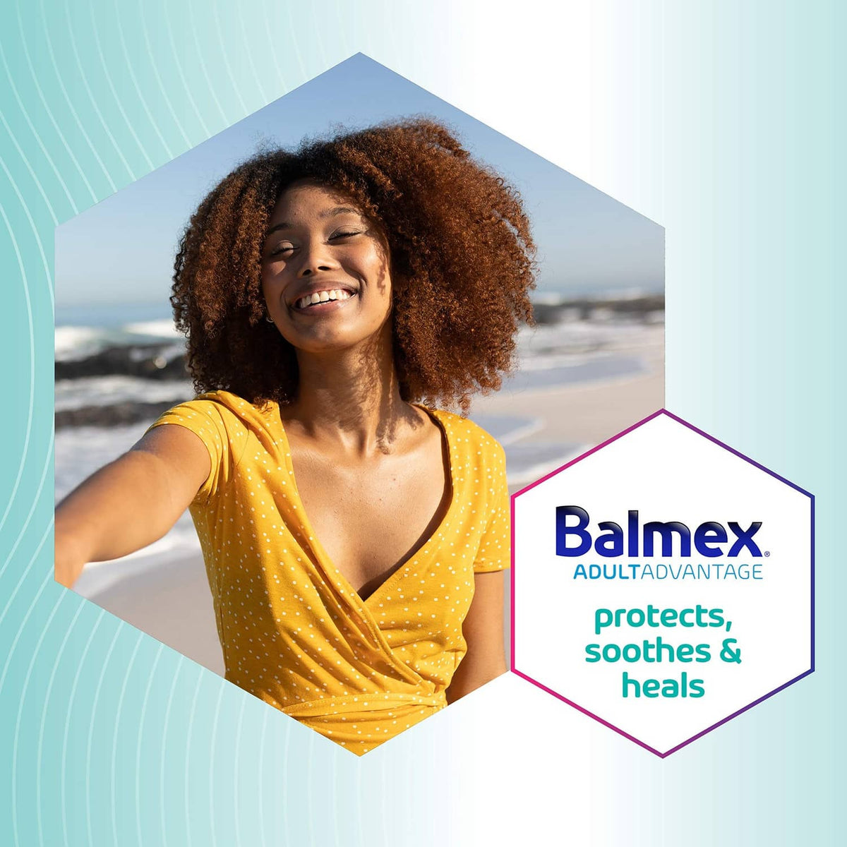 Balmex AdultAdvantage claim badge: protects, soothes & heals, with smiling woman