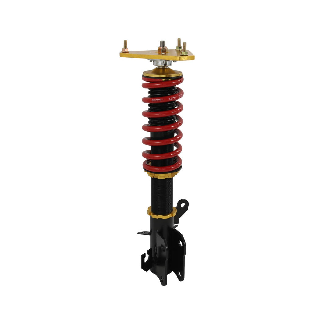 Coilover shock strut with red coil spring, black body, gold top mount and bracket
