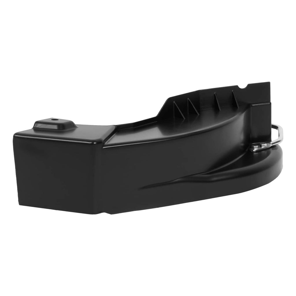 Black mulching discharge cover, side view with latch bracket and molded structure