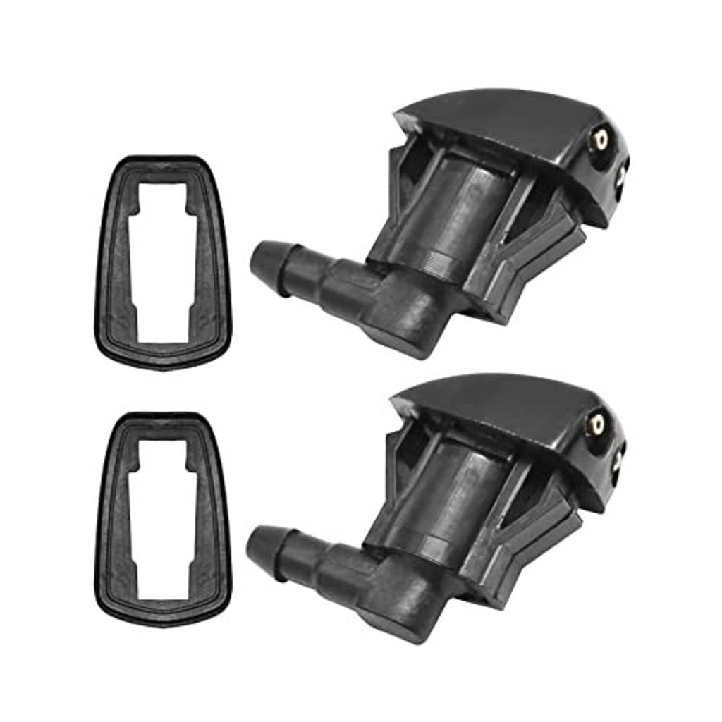Black washer nozzle pair with two mounting gaskets, showing nozzle side openings