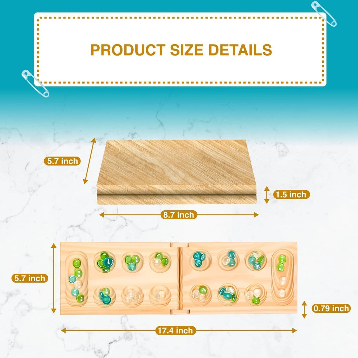 Mancala board size details with wooden board and inset playing areas