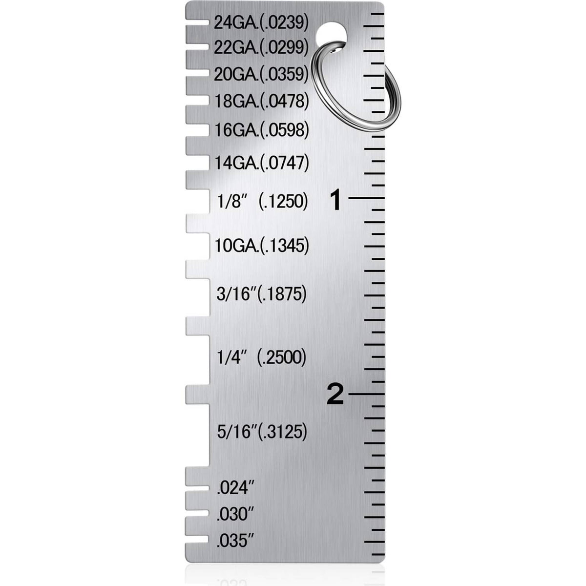 Metal sheet thickness gauge with wire gauge markings and inch measurement scale
