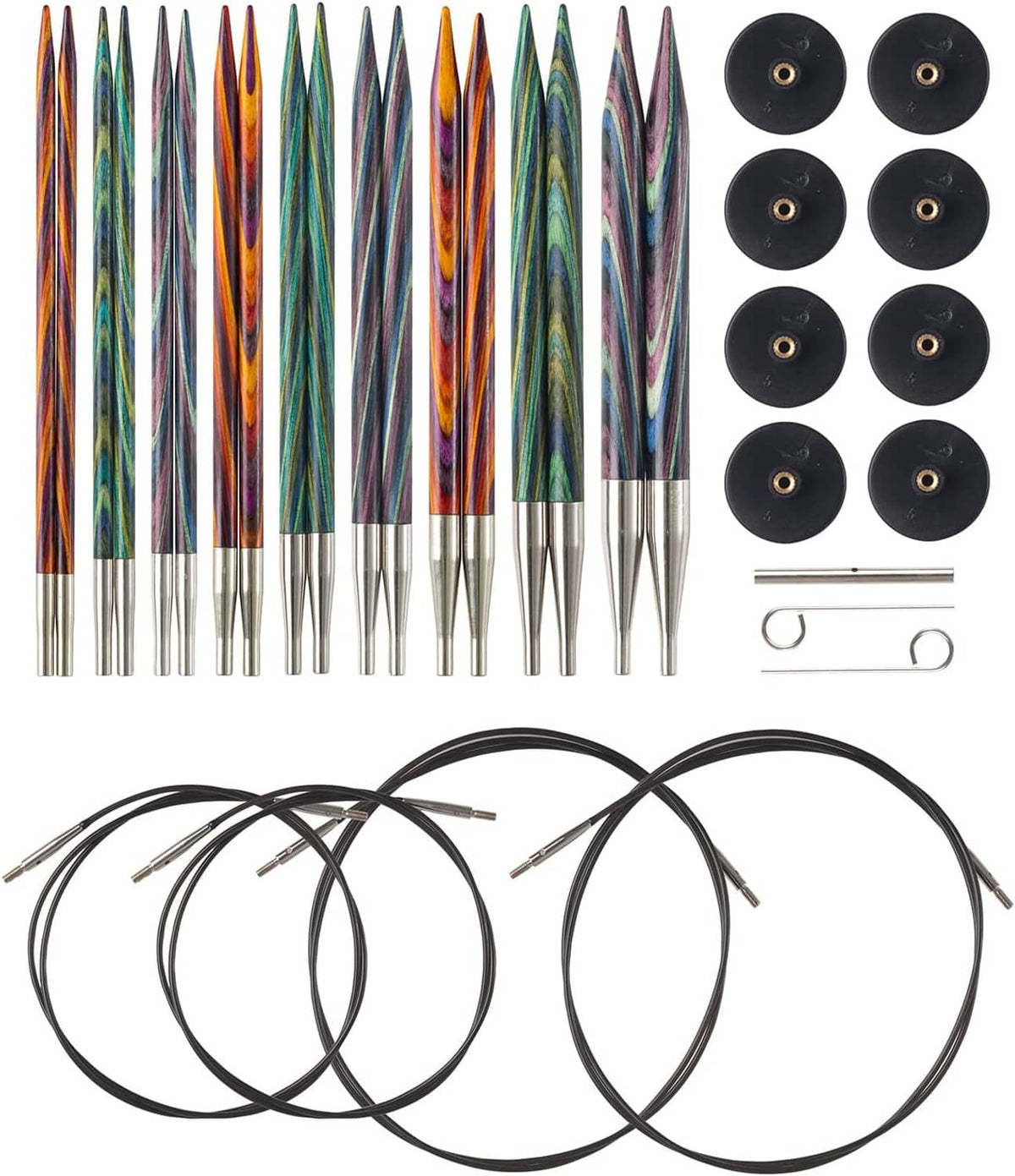 Mosaic interchangeable knitting needle set with colorful shafts, metal tips, and circular cords
