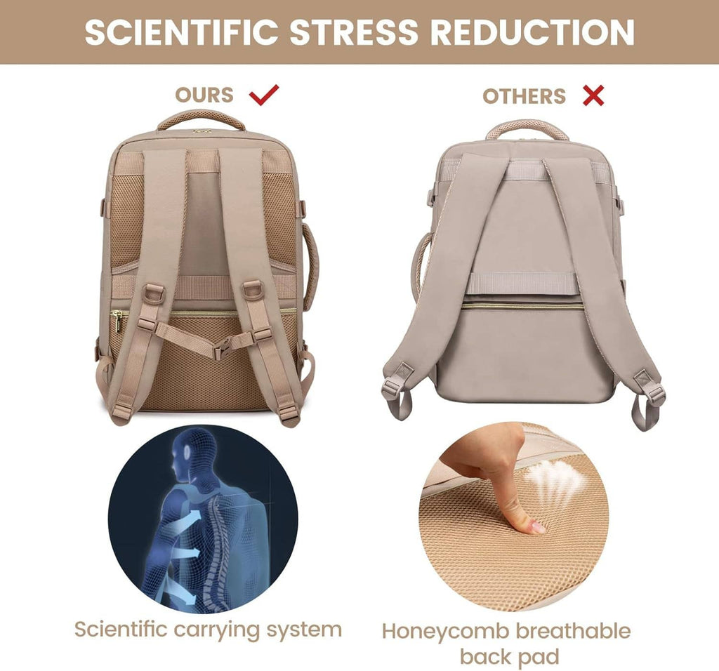 Beige backpack with breathable honeycomb back panel and adjustable shoulder straps