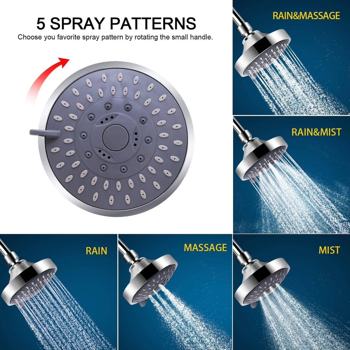 Chrome filtered shower head with five spray patterns: rain, mist, and massage