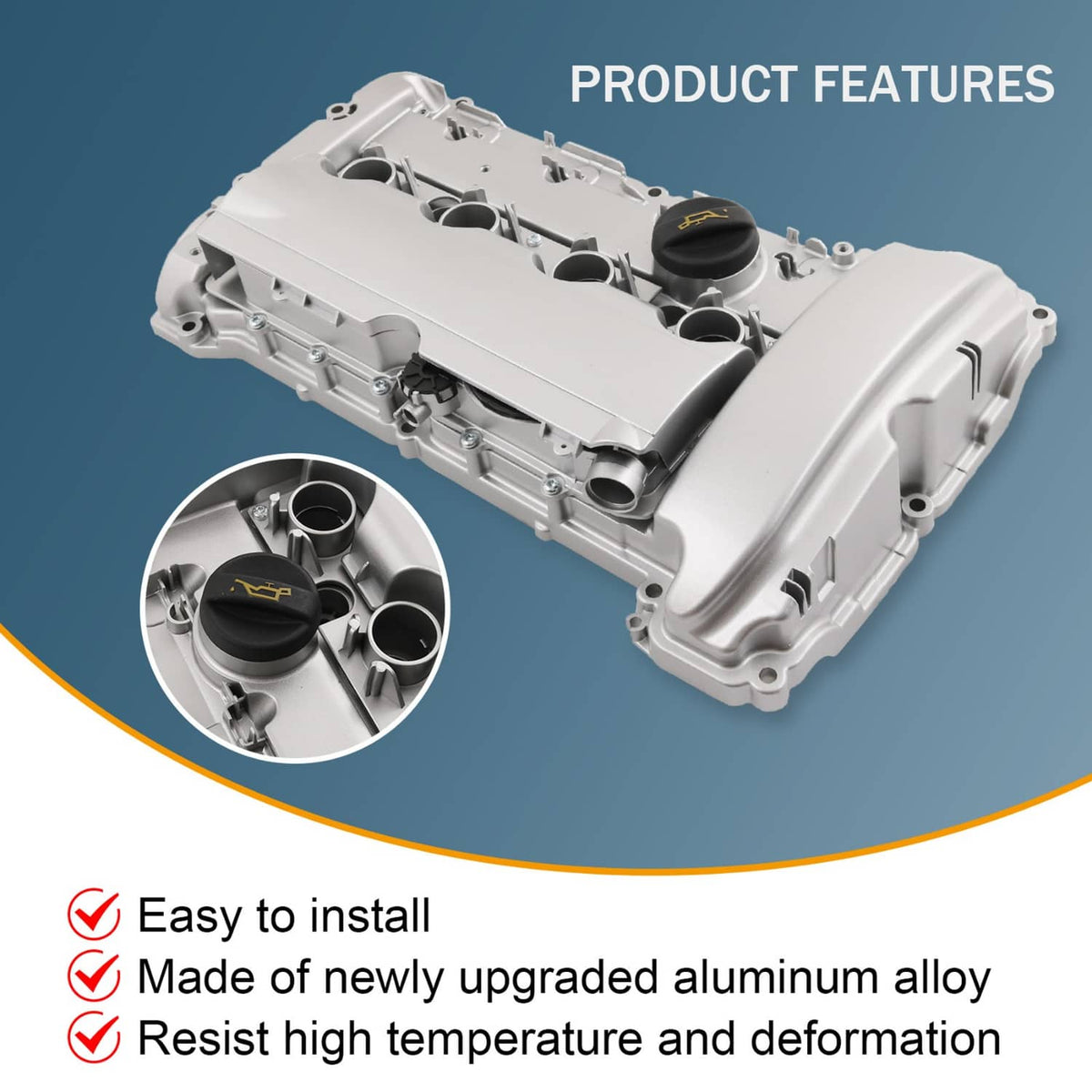 Silver aluminum engine valve cover with gasket, product rendering with inset detail