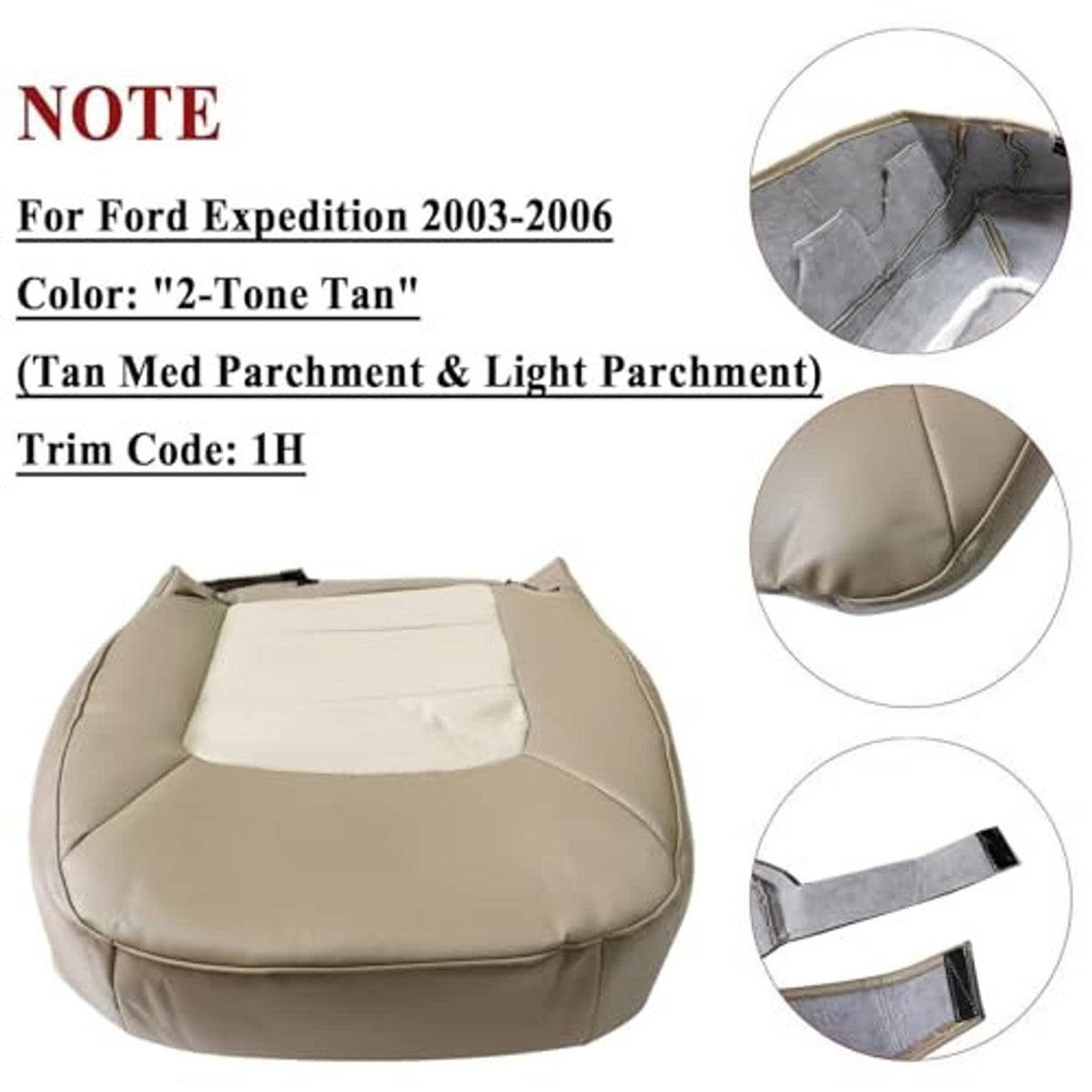 Two-tone tan replacement leather seat cover bottom section, with stitched paneling.
