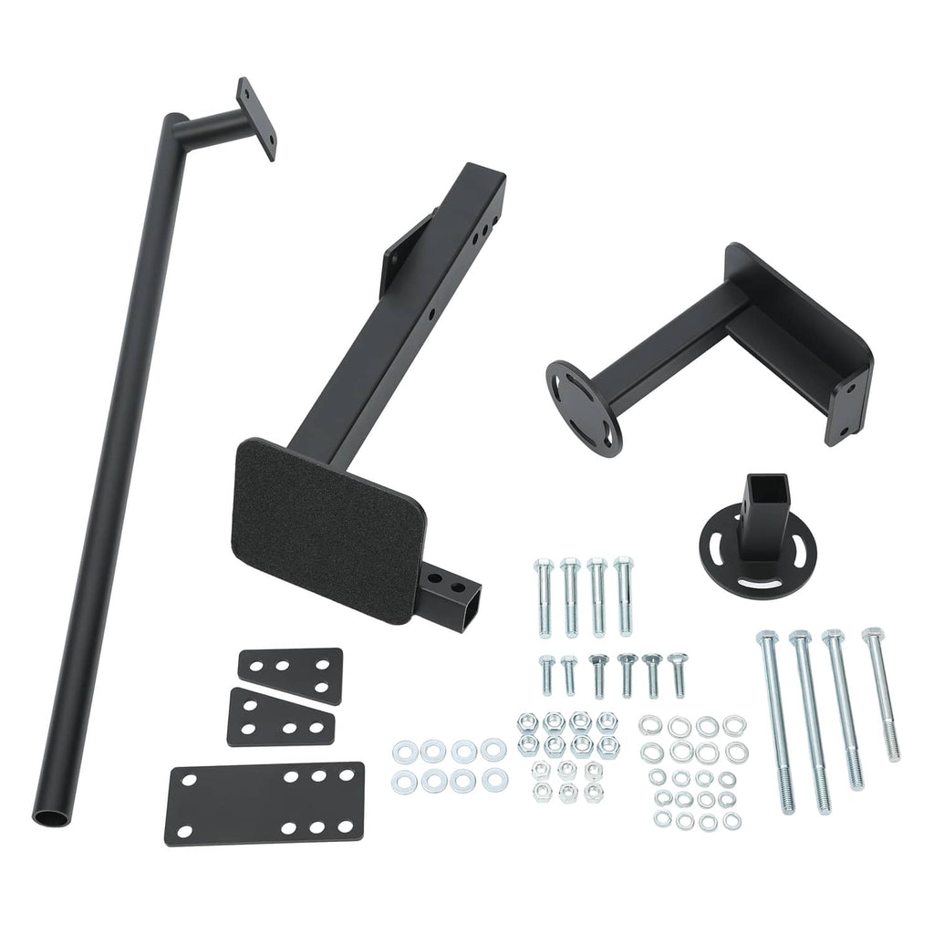 Black step rails and mounting brackets with screws and spacers included in kit