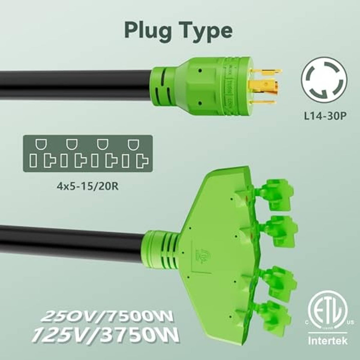 Green L14-30P generator plug and green multi-outlet adapter block on black cord