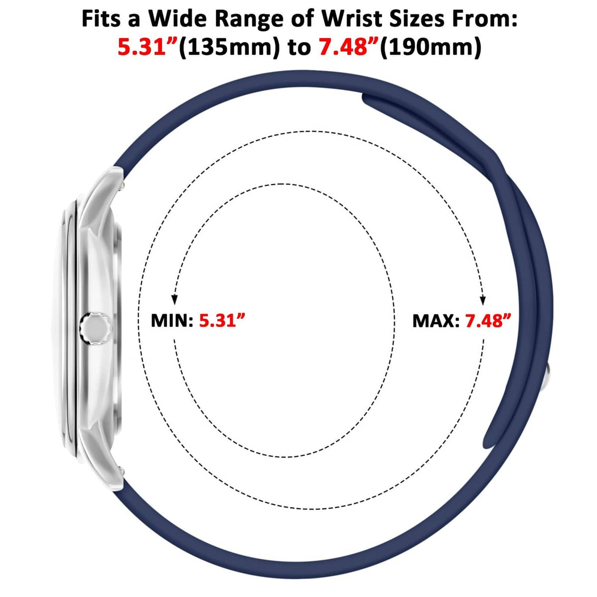 Analog watch sizing diagram: navy silicone strap fits wrists 5.31–7.48 in