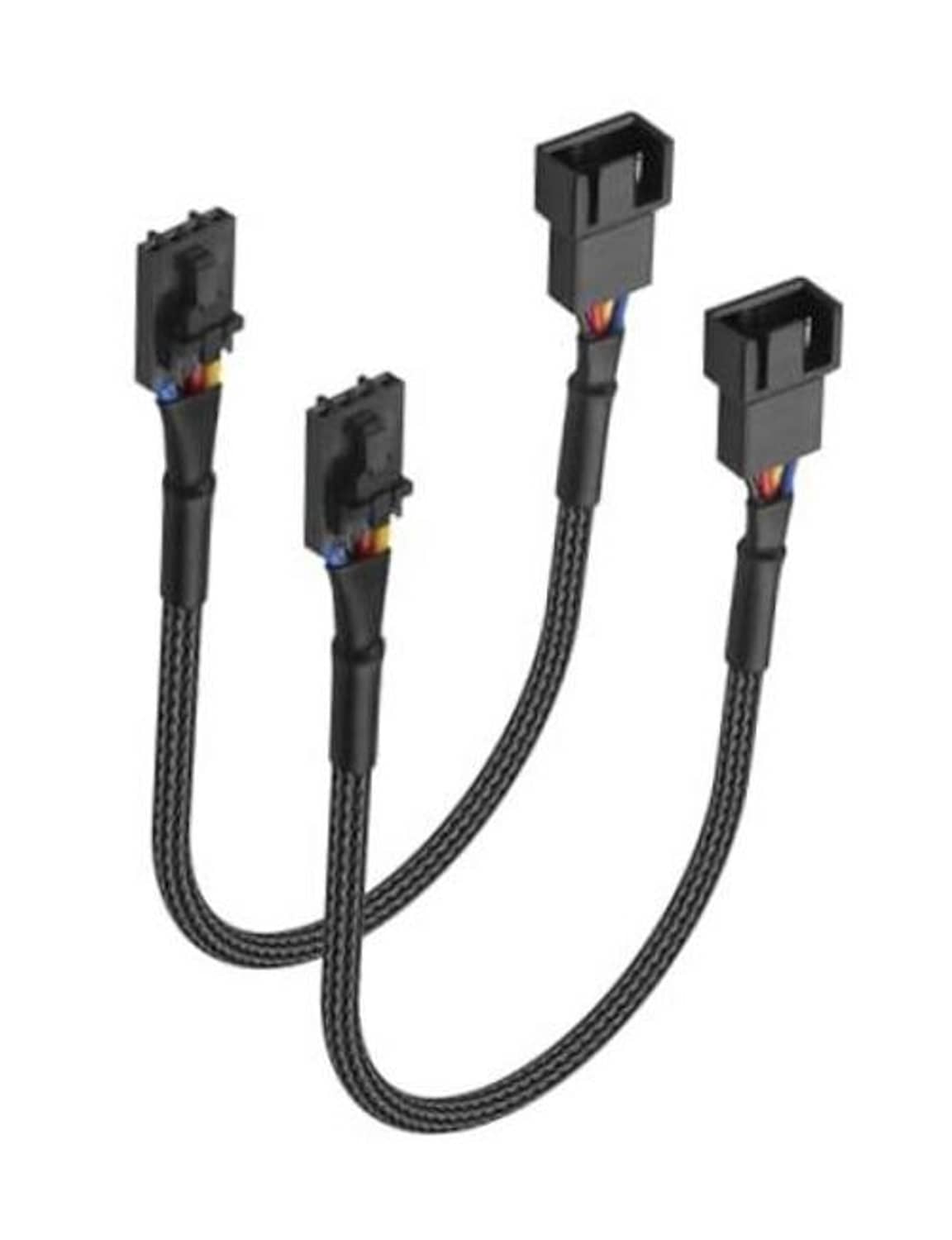 Black 4-pin PWM fan locking adapter cable with braided leads and three locking connectors