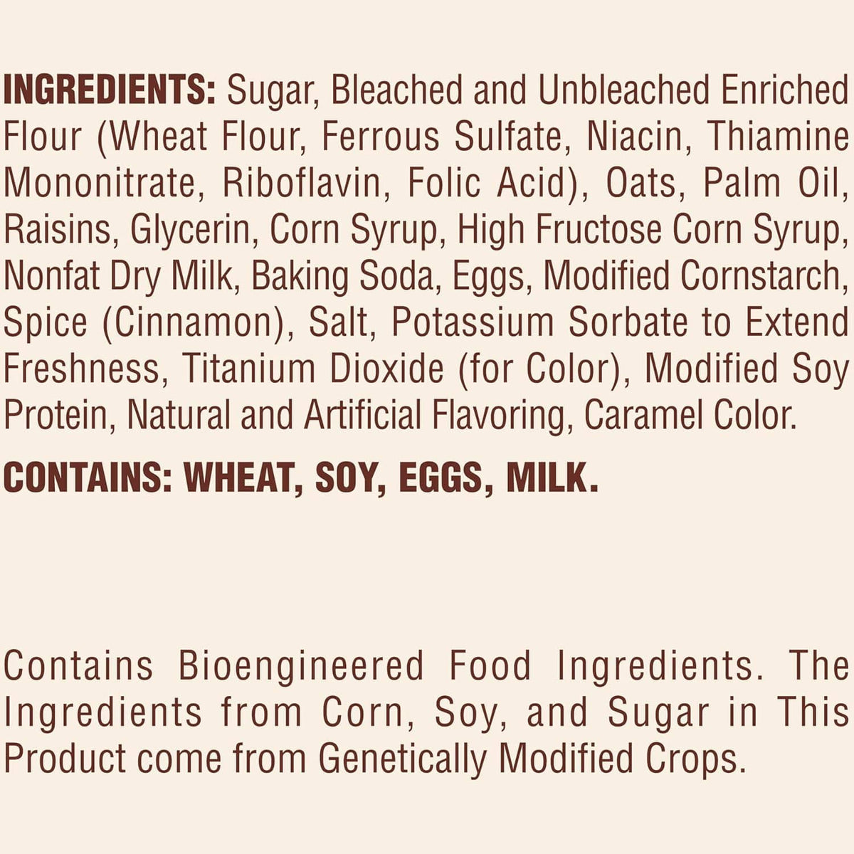 Ingredients panel for Archway soft iced oatmeal cookies with wheat, oats, and eggs