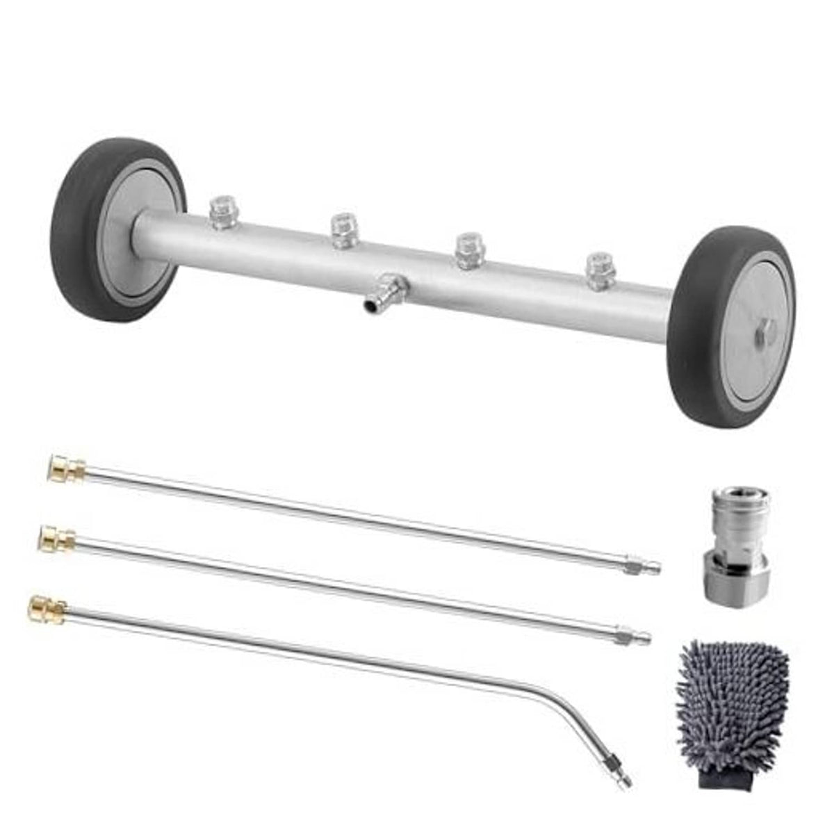 16-inch undercarriage pressure washer attachment with metal wand, wheels, quick-connect parts