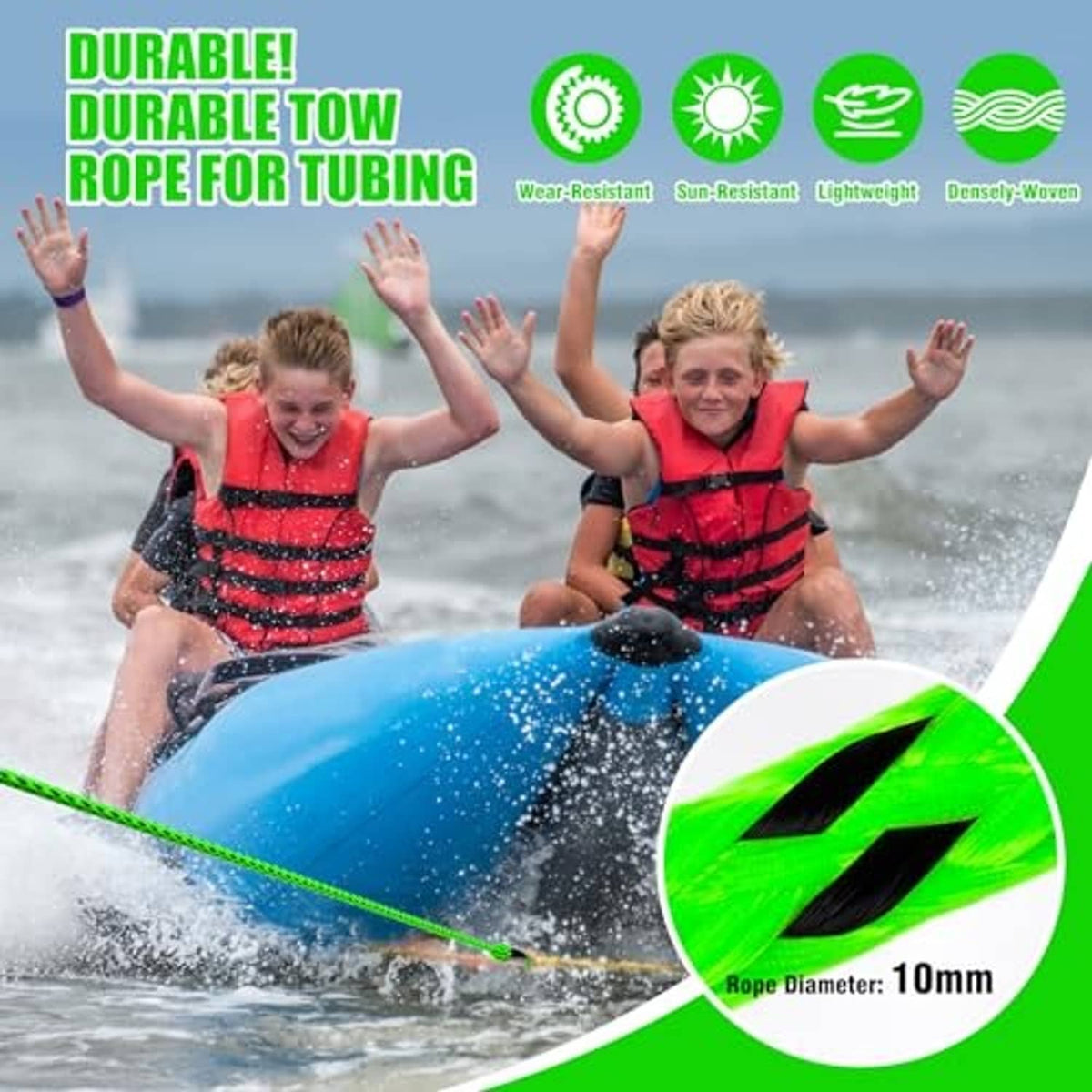 Green 10mm tow rope for tubing, visible line extending to inflatable raft