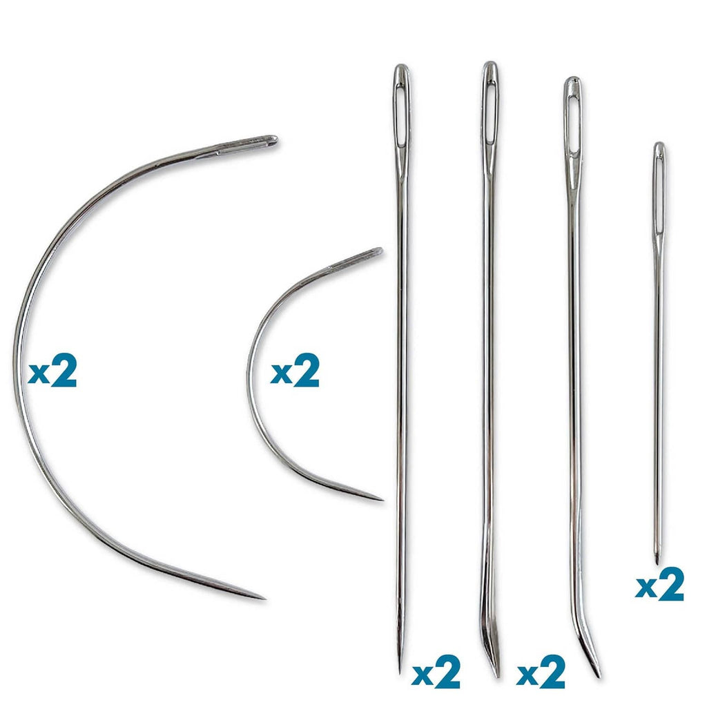Hand sewing needle set with curved and straight needles in metal, multiple pieces