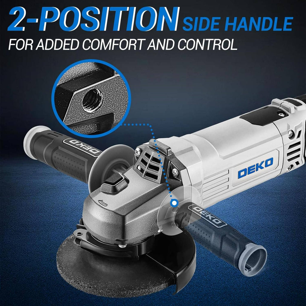 DEKO corded angle grinder with 2-position side handle and metal guard over the wheel