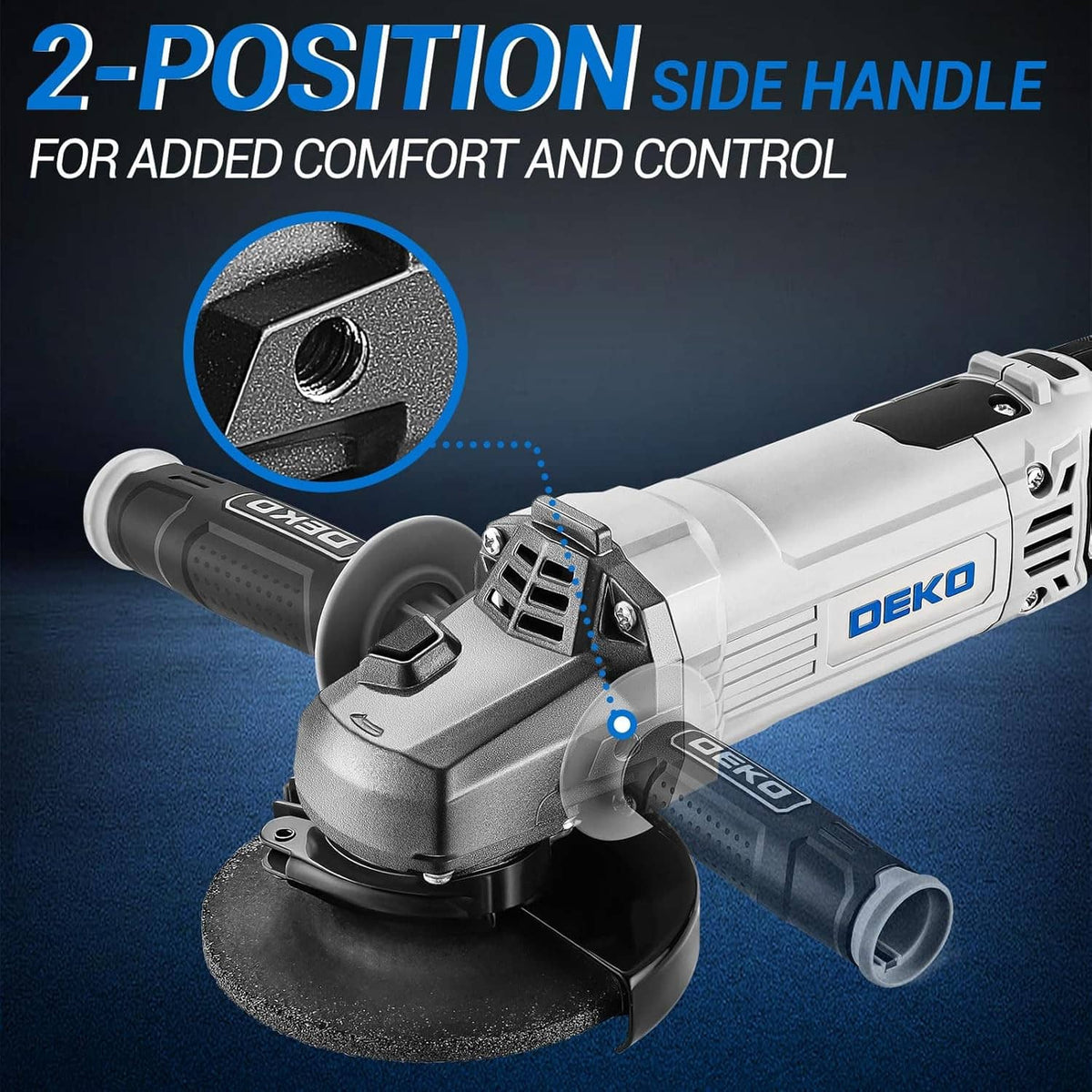 DEKO corded angle grinder with 2-position side handle and metal guard over the wheel