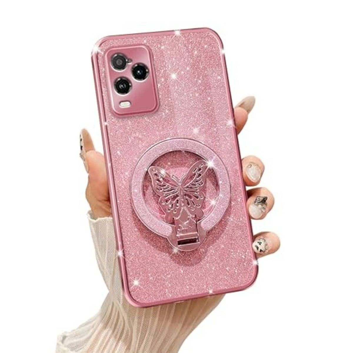 Rose gold sparkly phone case with butterfly magnetic ring stand on back