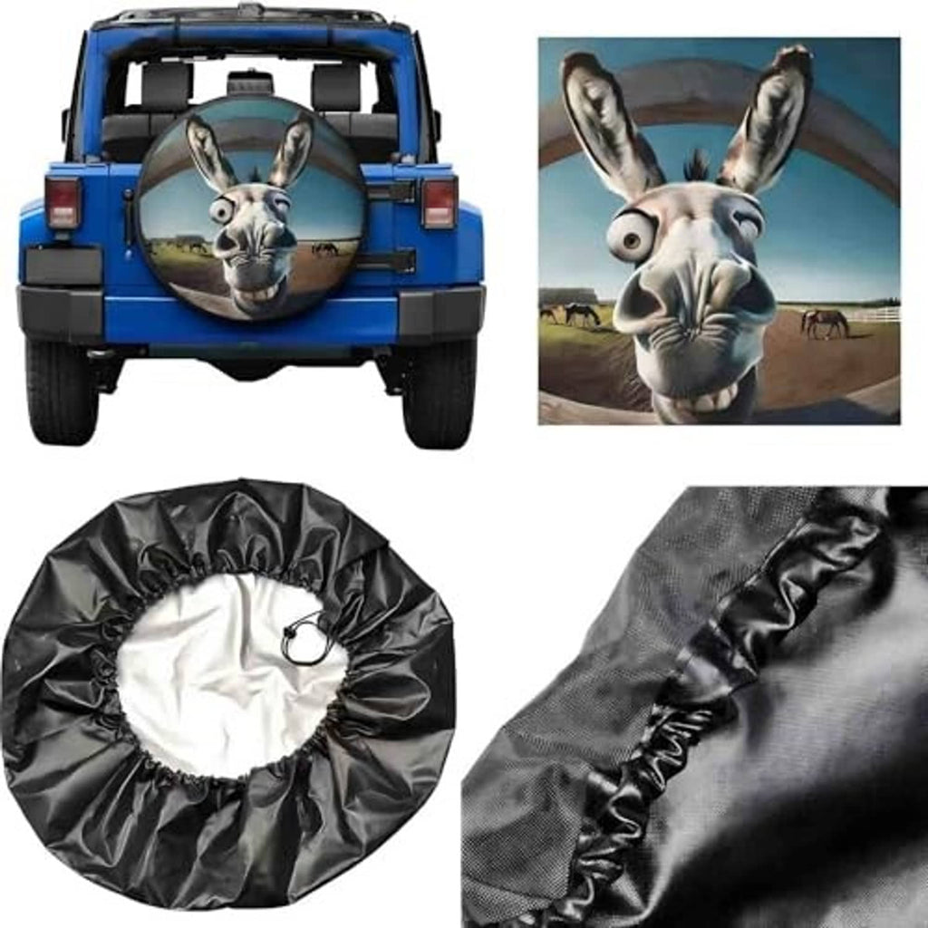 Black spare tire cover fabric with drawstring opening and close-up texture detail
