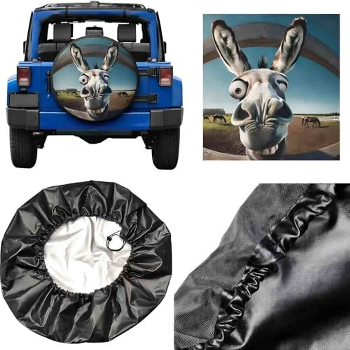 Black spare tire cover fabric with drawstring opening and close-up texture detail