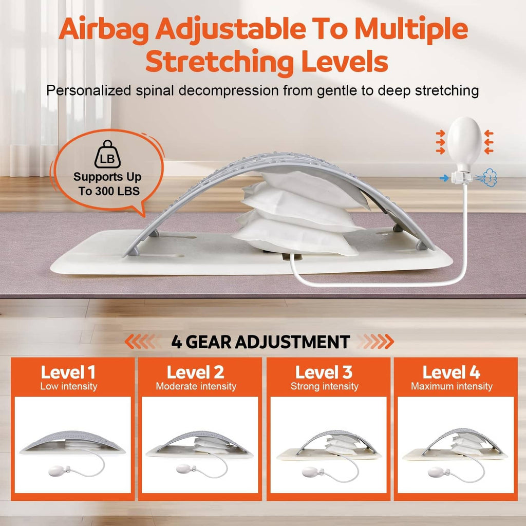 Inflatable back stretcher with adjustable airbag pad on a base