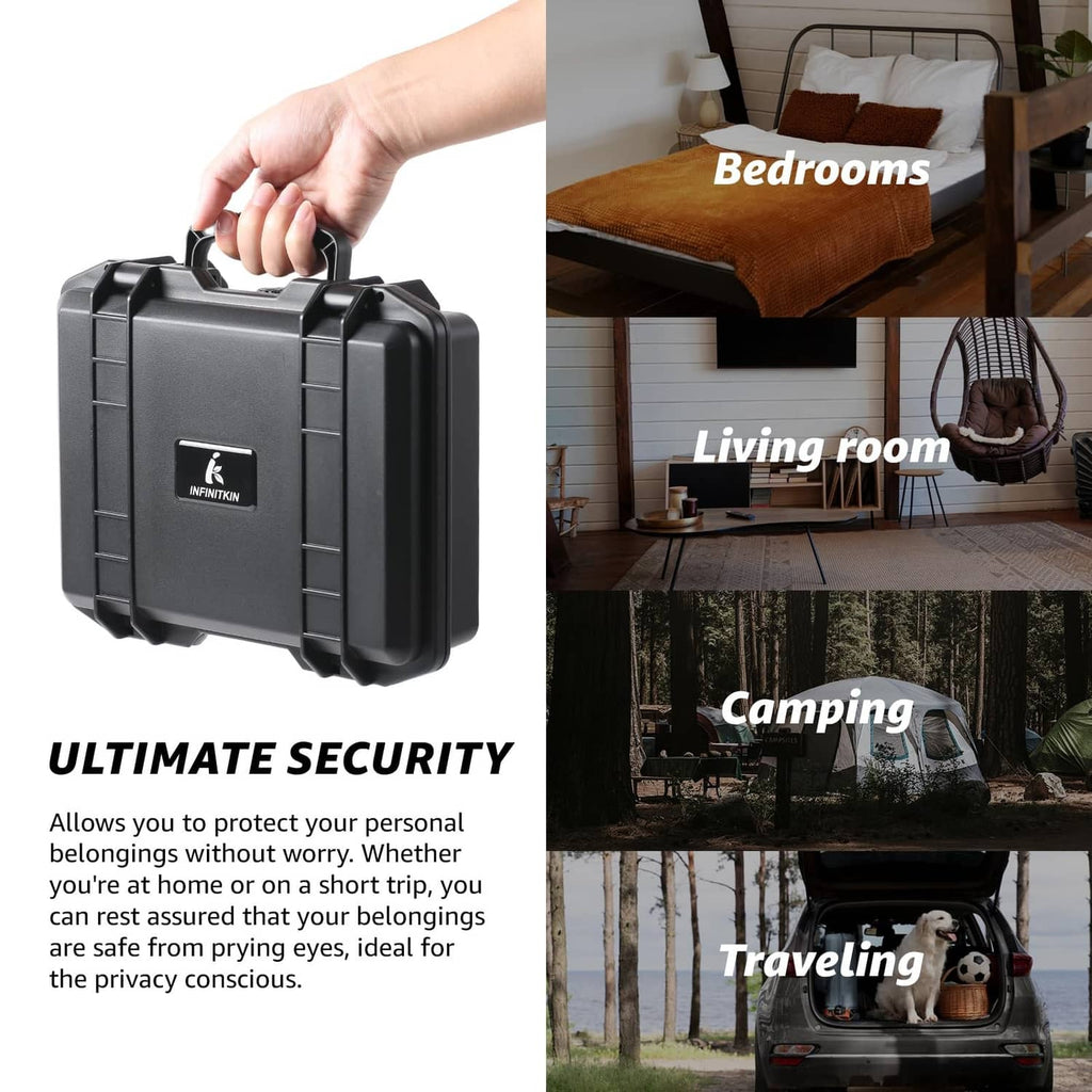 Black smell-proof storage box with top handle, held in hand for portable carrying