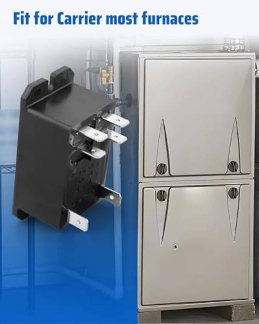 Black HVAC blower motor relay unit with metal terminals, front-left angle