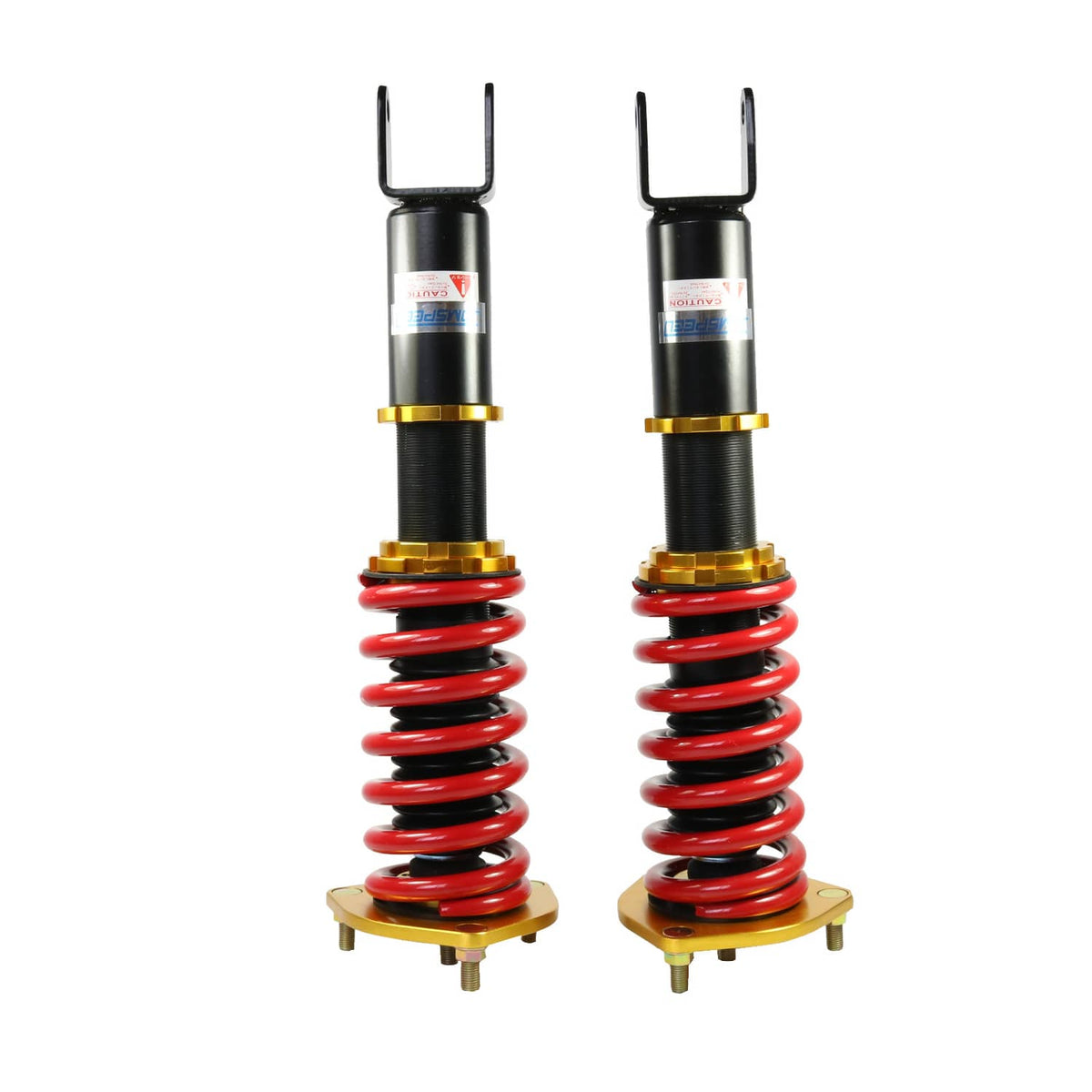Pair of adjustable height coilover struts with red springs and black bodies, gold bases