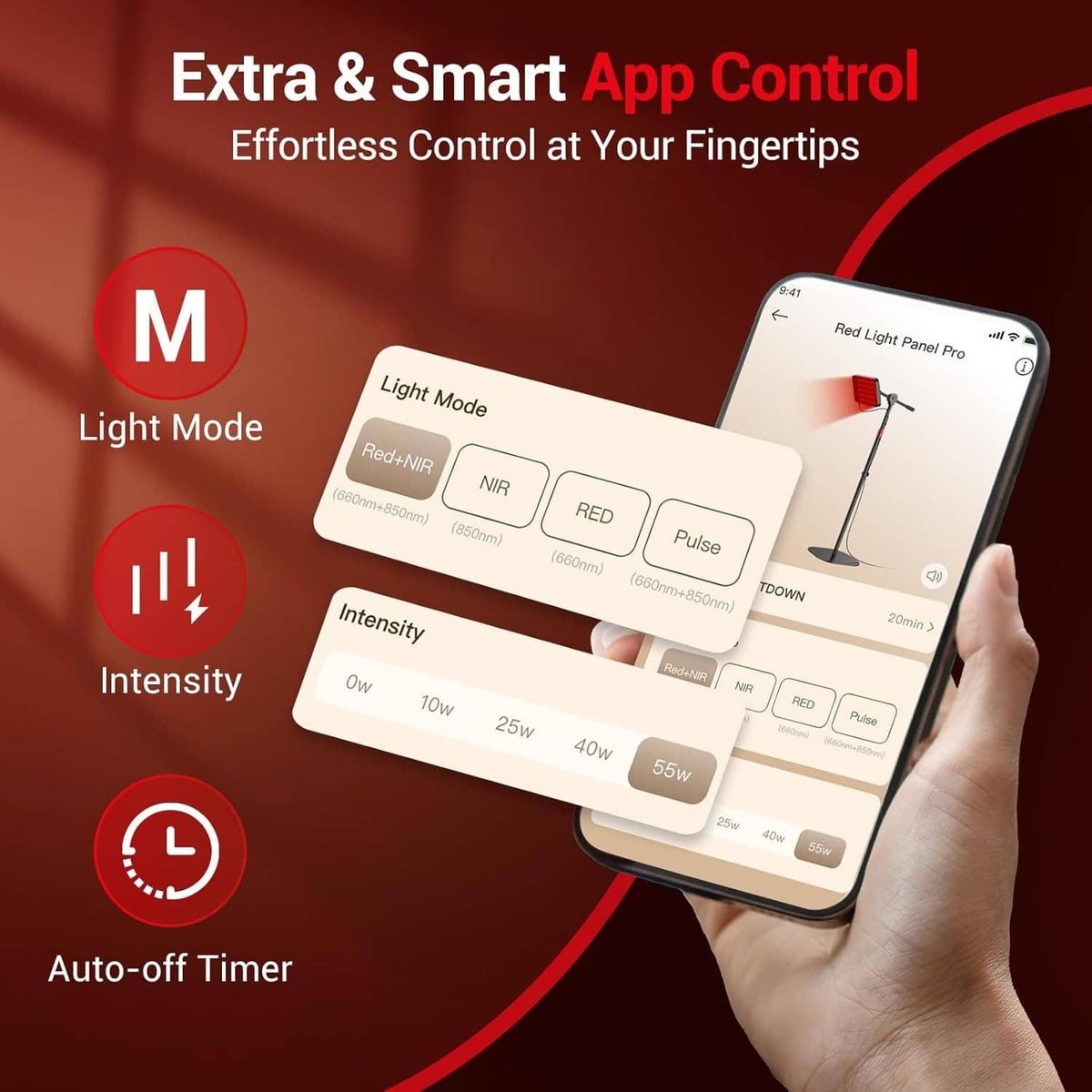 Smartphone app controlling red light therapy lamp with light mode and intensity options