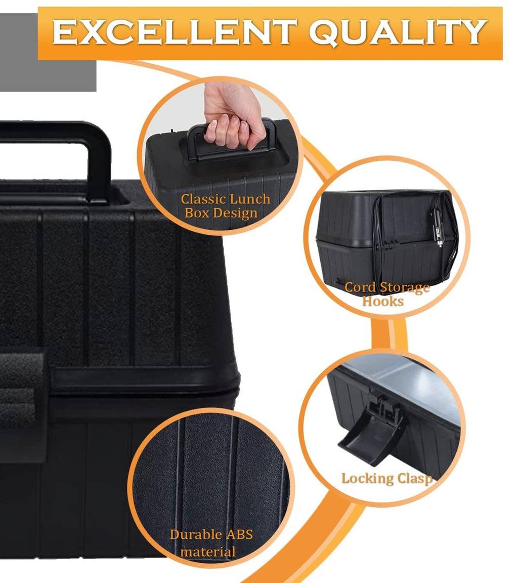 Black lunch box with carry handle, locking clasp, and side cord-storage hooks