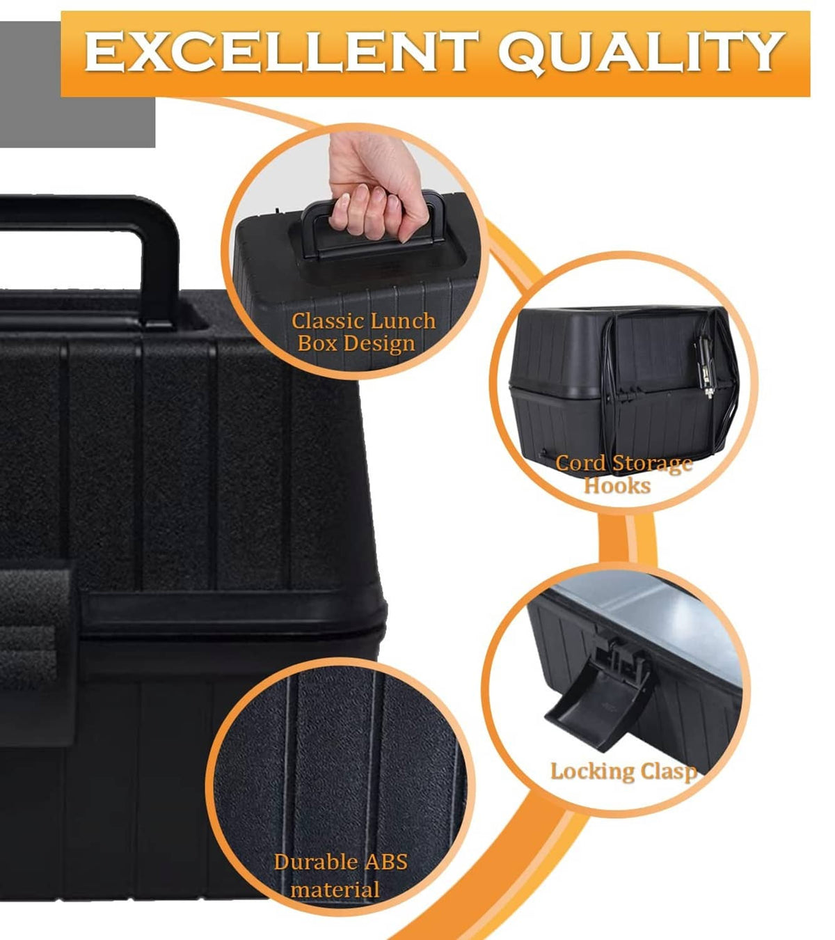 Black lunch box with carry handle, locking clasp, and side cord-storage hooks