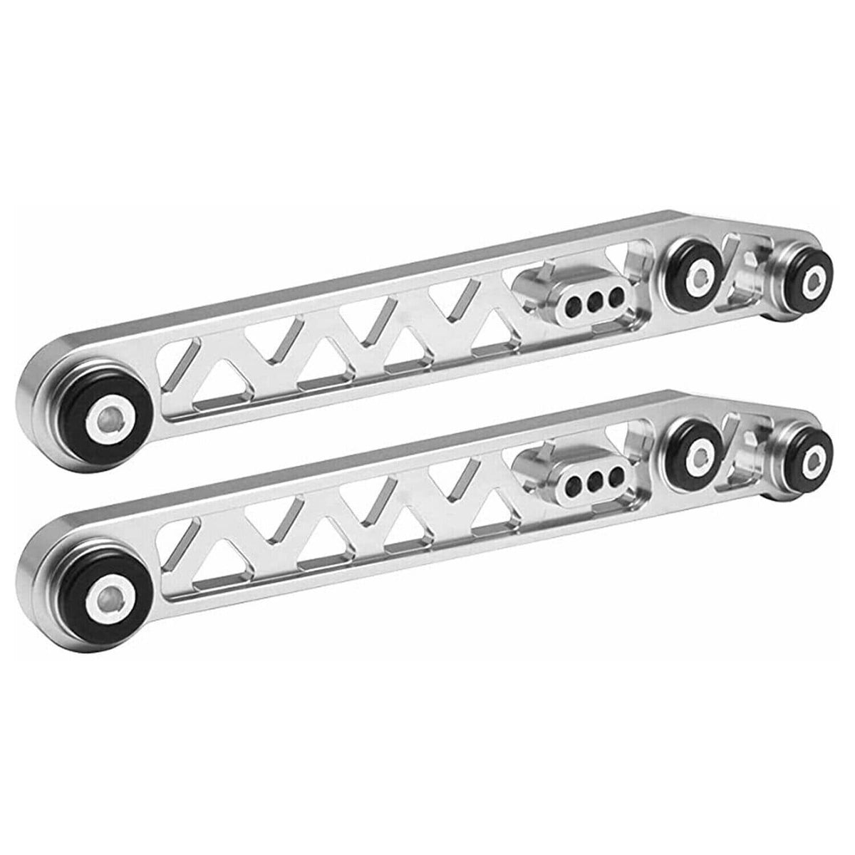 Silver rear lower control arm with subframe brace, metal link bars and bushings