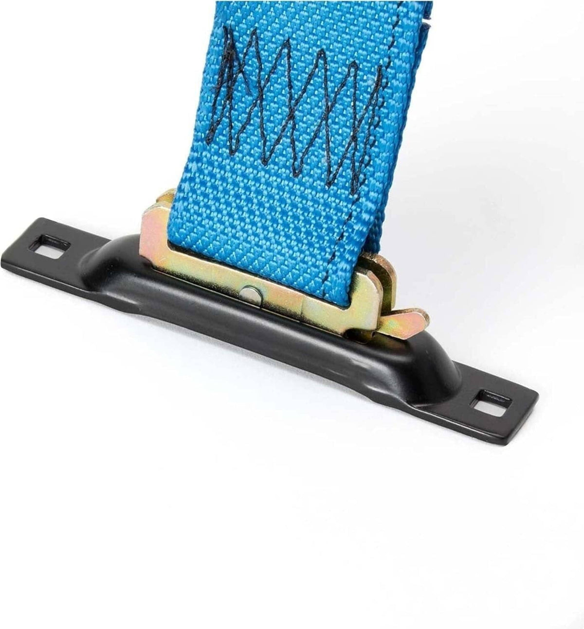 Single-slot E-track tie-down holding a blue cargo strap with steel hardware