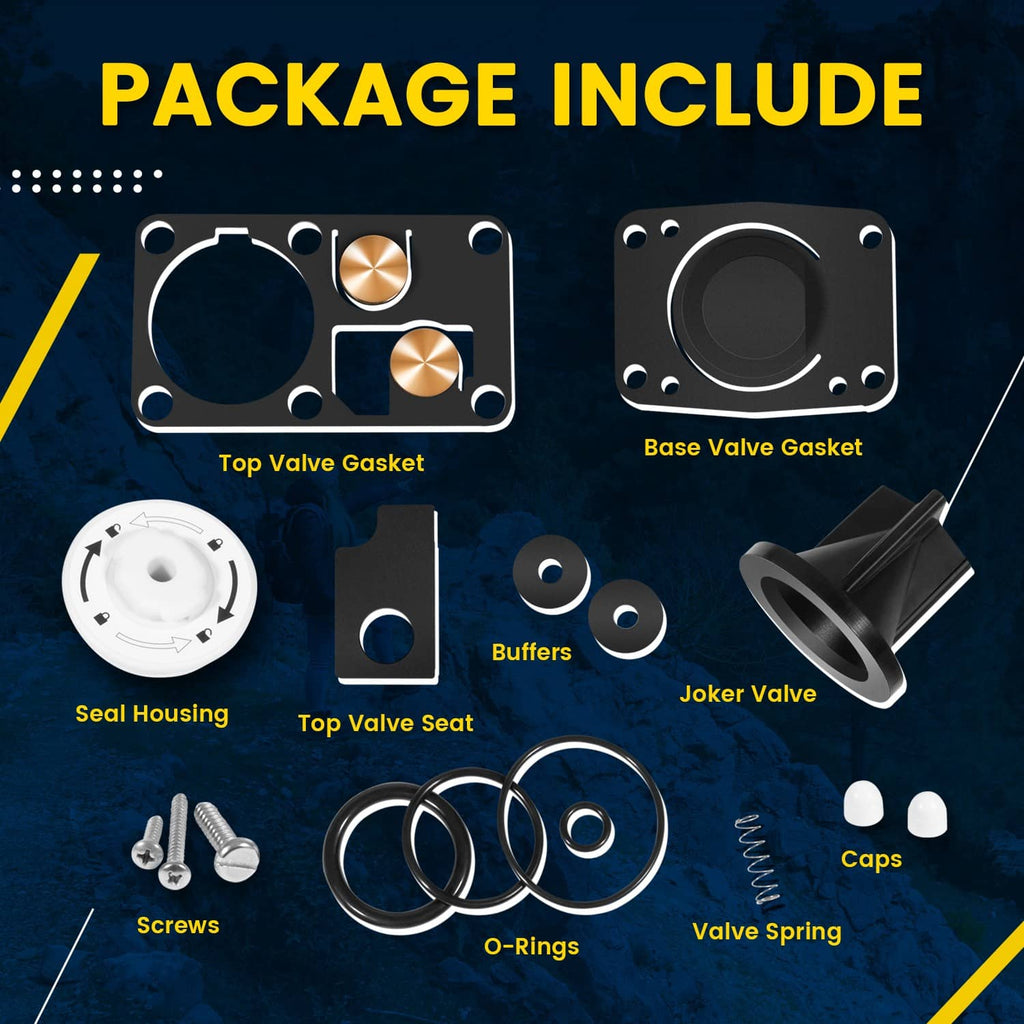 Marine toilet service kit package includes valve gaskets, seal housing, caps, and O-rings