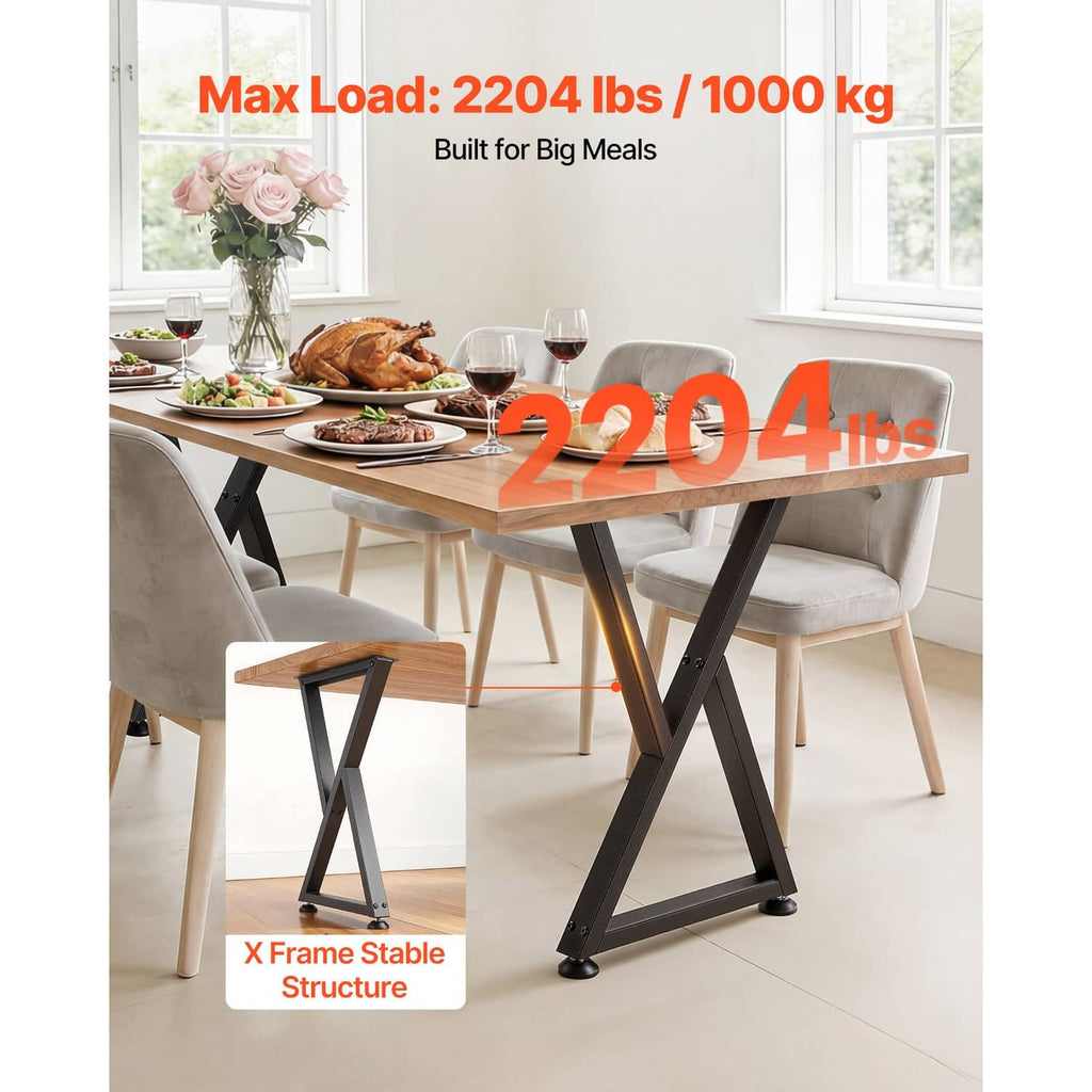Black X-frame table legs supporting a dining table under the tabletop