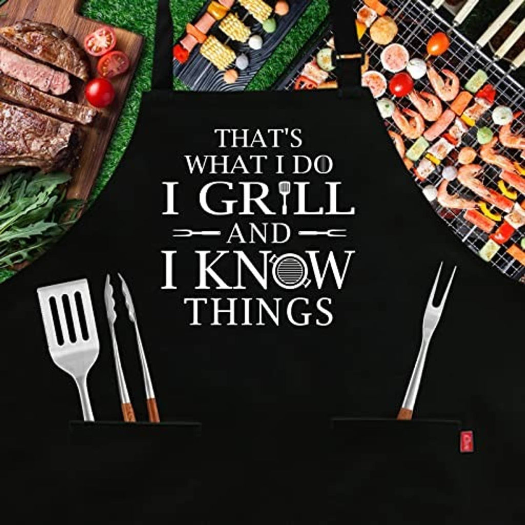 Black grilling apron with bold quote and utensil illustrations on the front