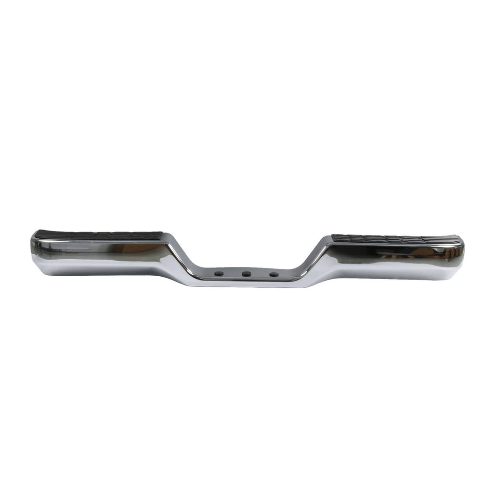 Chrome rear step bumper face bar with black textured foot pads and center holes
