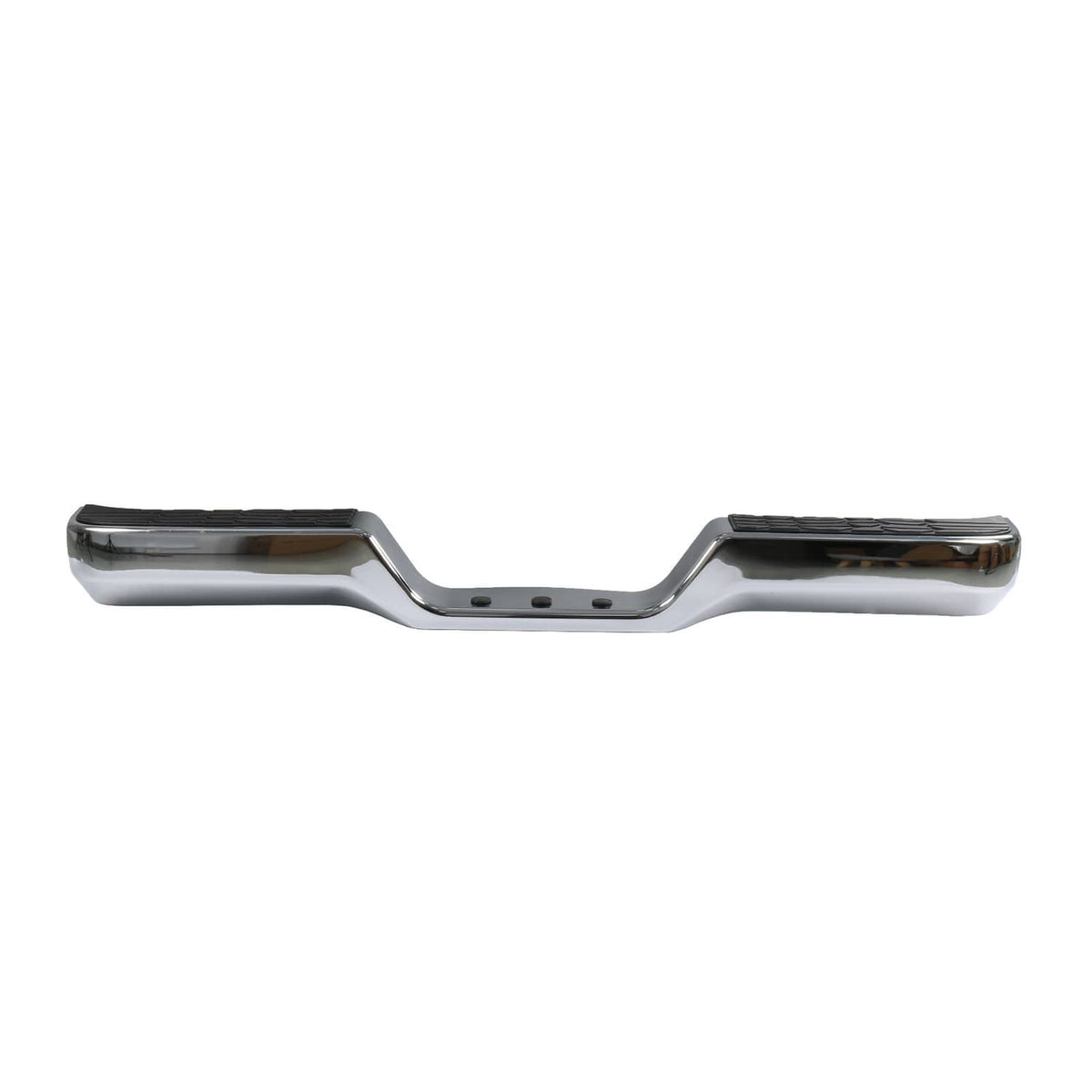 Chrome rear step bumper face bar with black textured foot pads and center holes