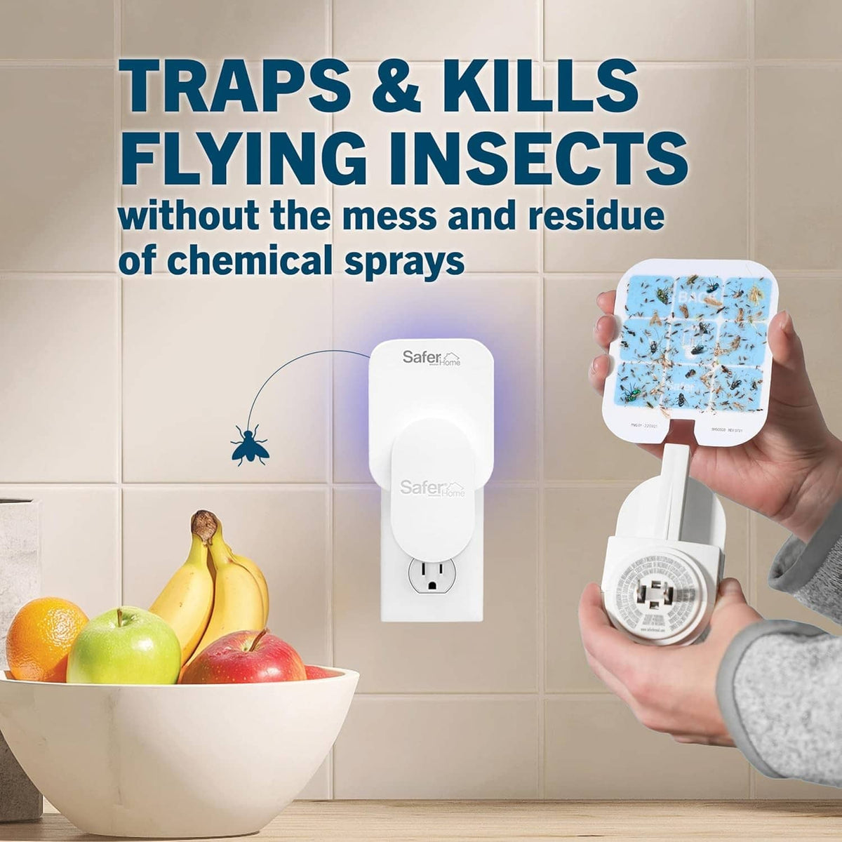 Safer Home indoor fly trap glue card refill pack with glue card held near fly trap