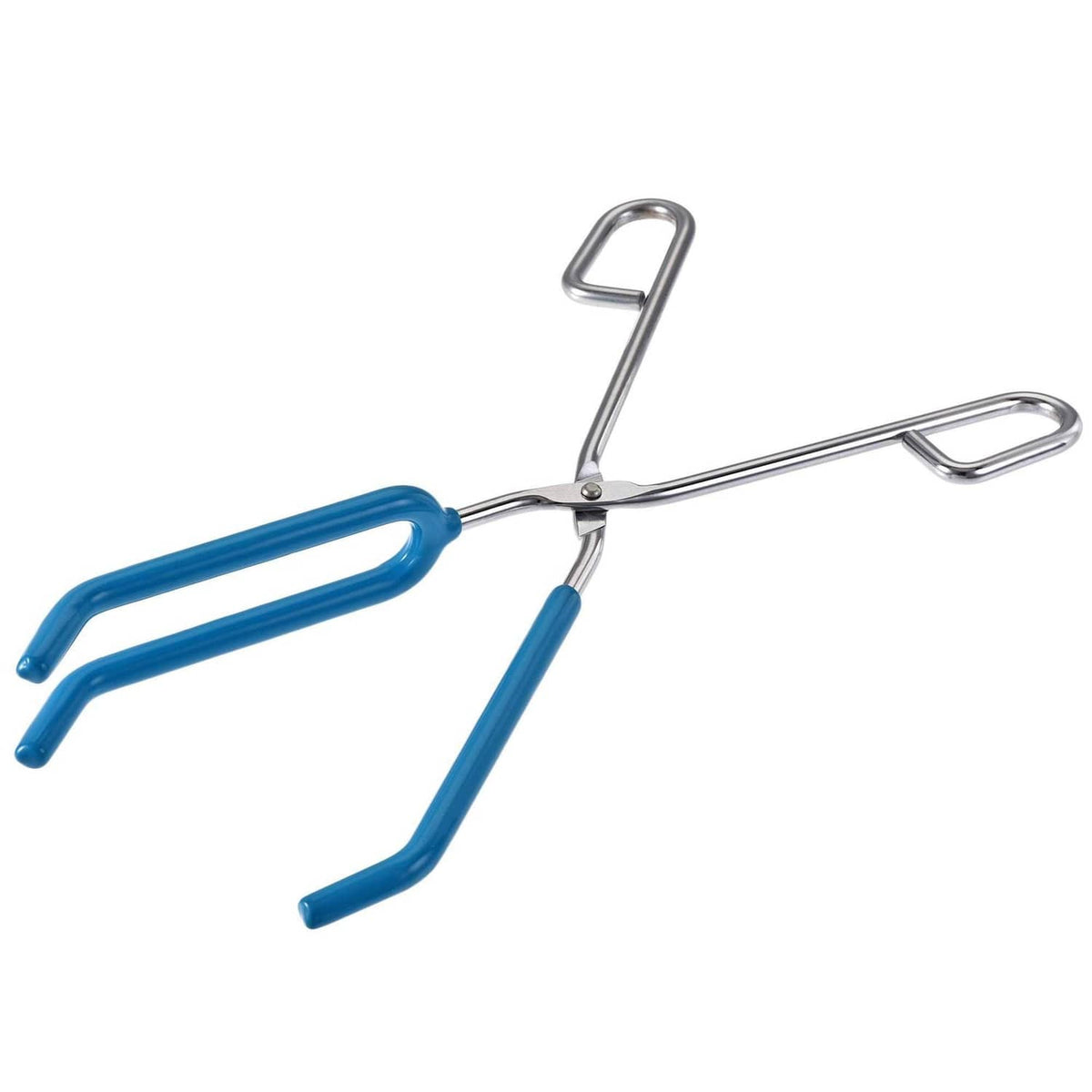 Stainless steel lab beaker tongs with three-prong grab, blue handles, open ring