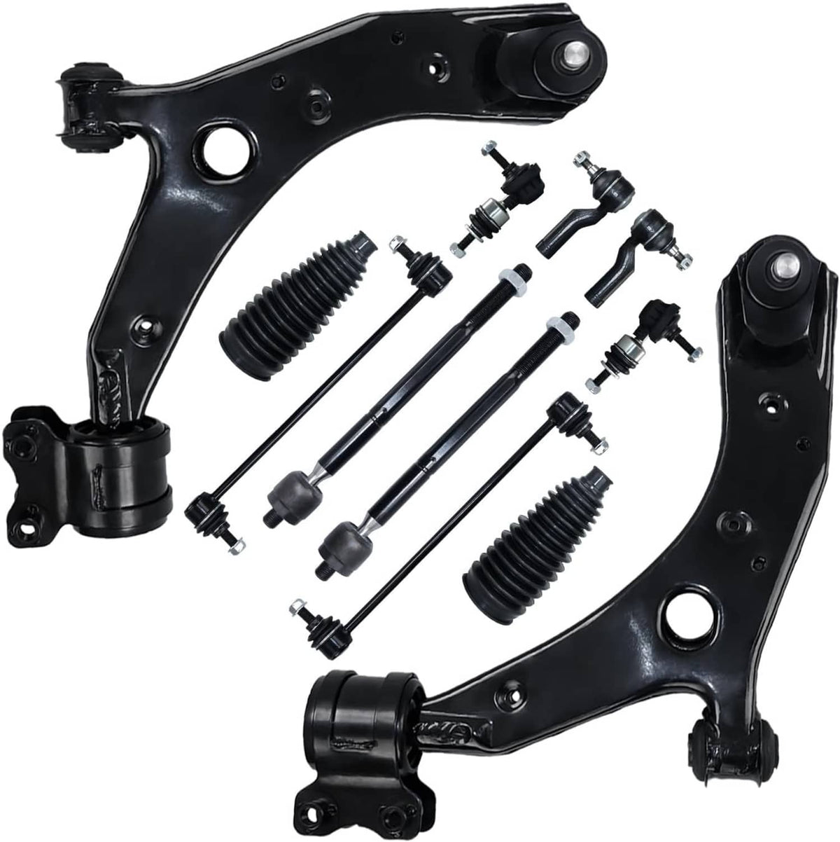 Front suspension control arm set with tie rods, ball joints, and rubber boots