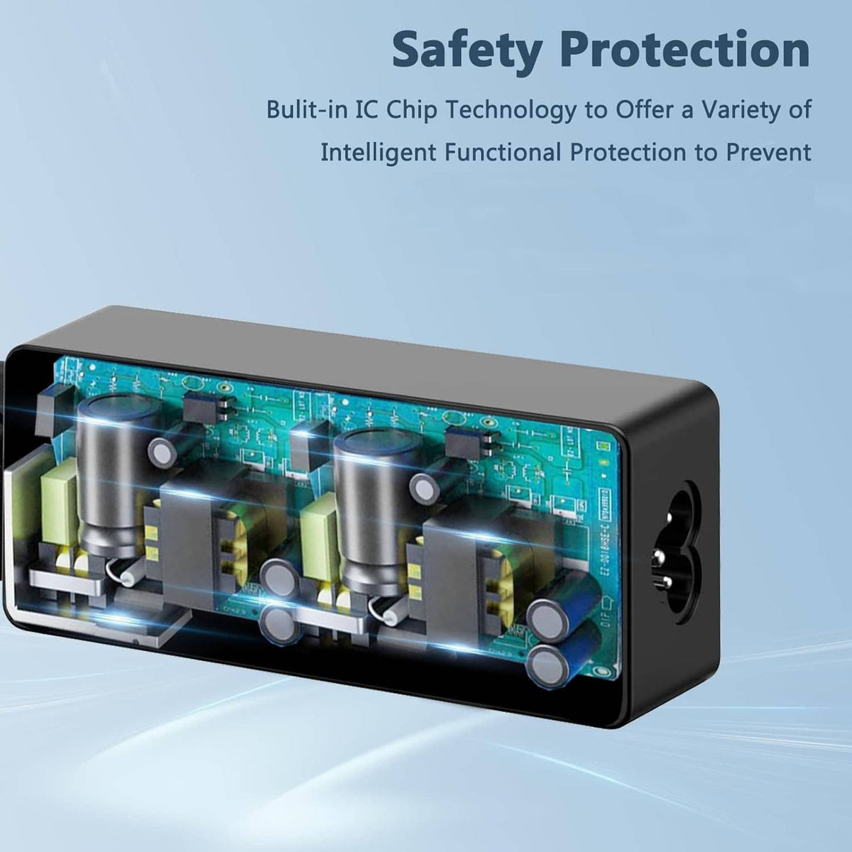 Black power adapter with visible internal IC circuit board and USB-C output