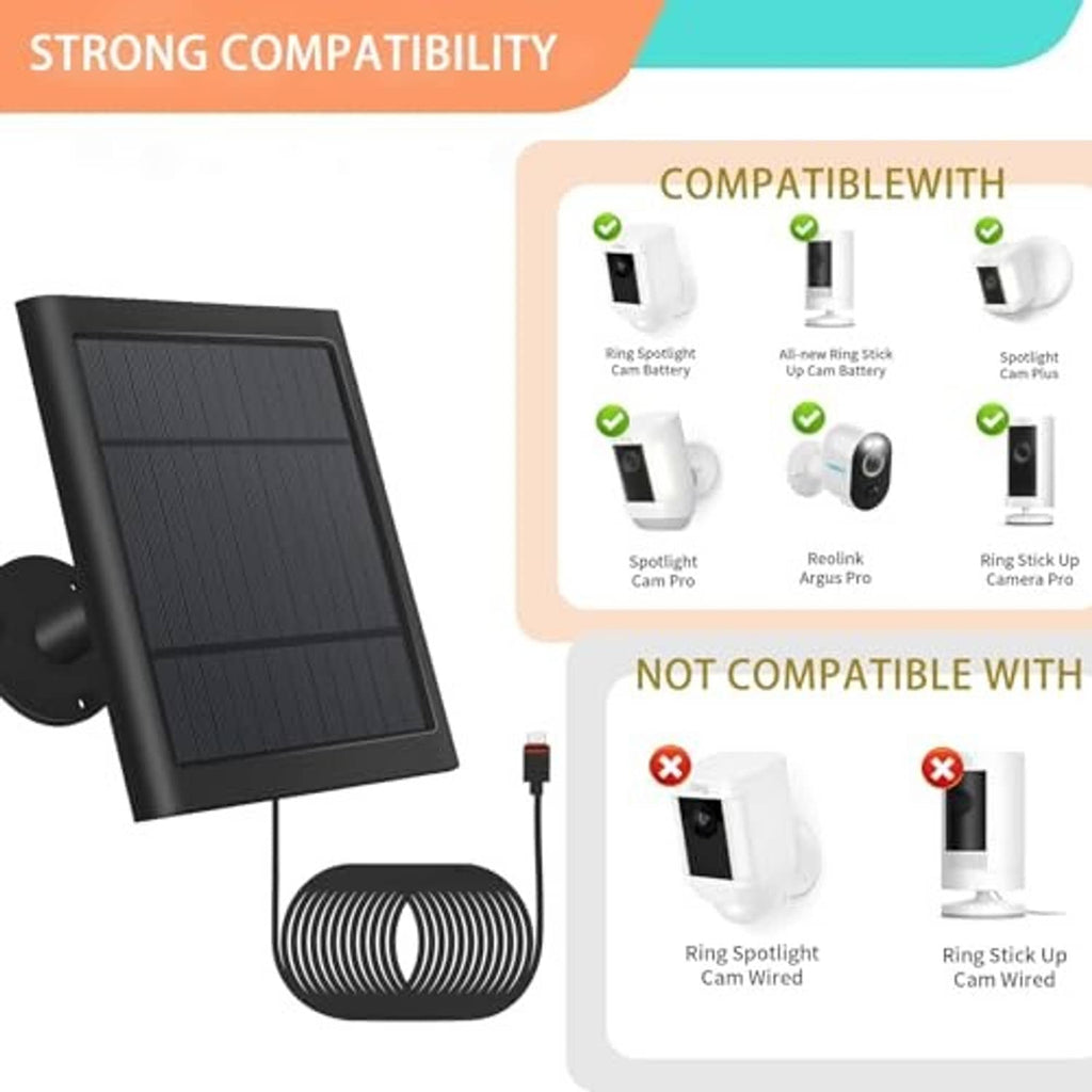 Solar panel kit bundle shown with compatible and non-compatible camera options