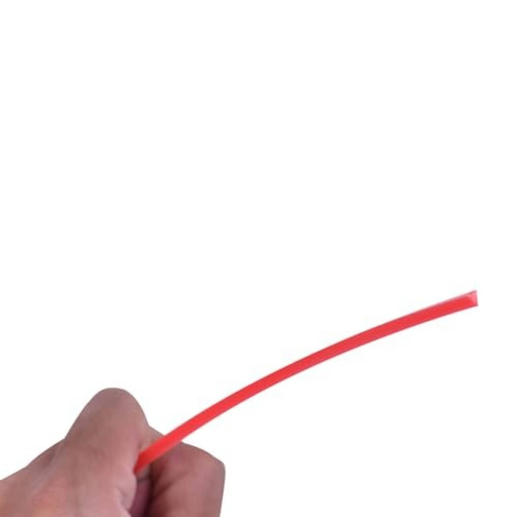 Hand holding a single red string trimmer line strand