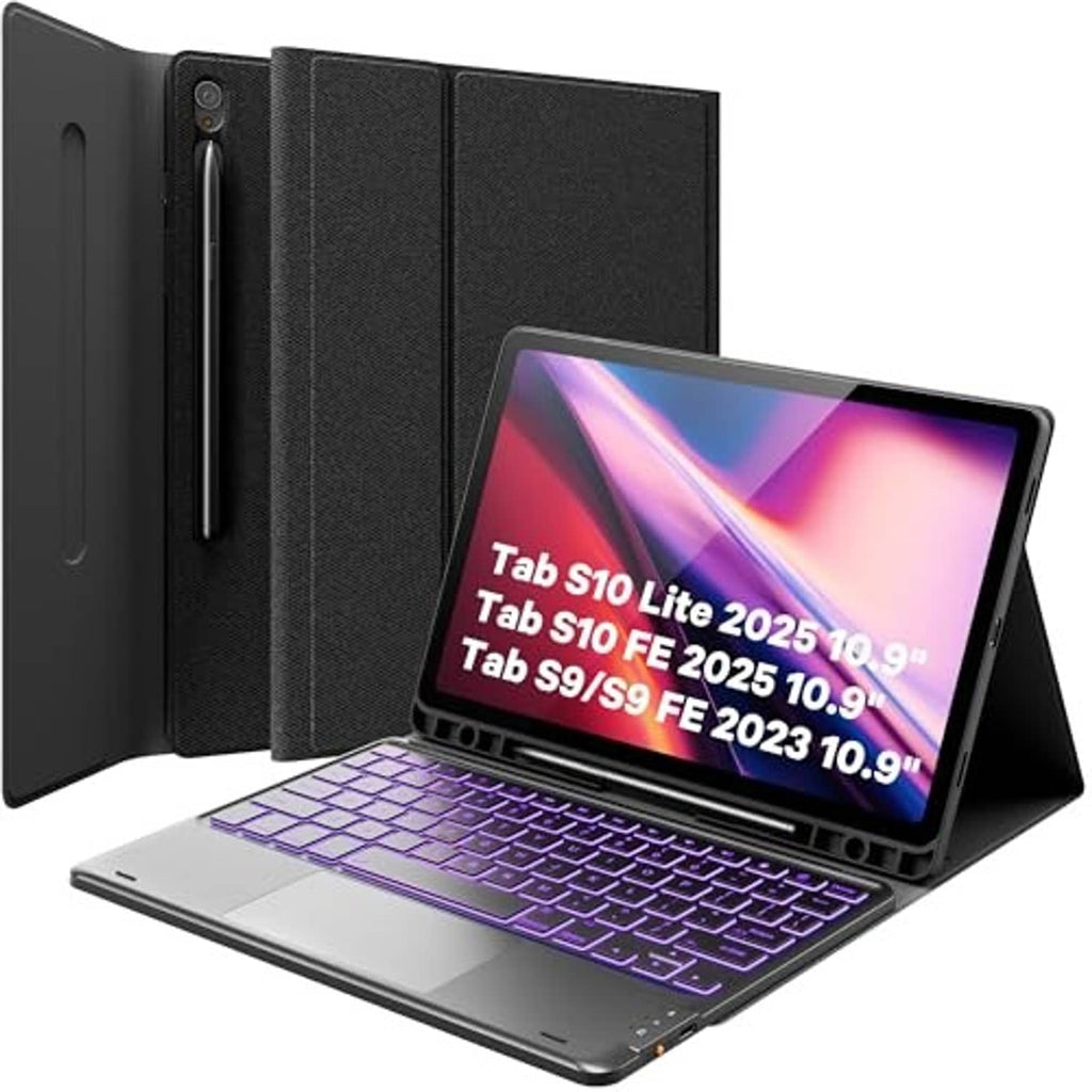 Black keyboard case with magnetic fold cover and tablet on angled stand