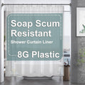 Clear plastic shower curtain liner with metal grommets and reinforced top hem