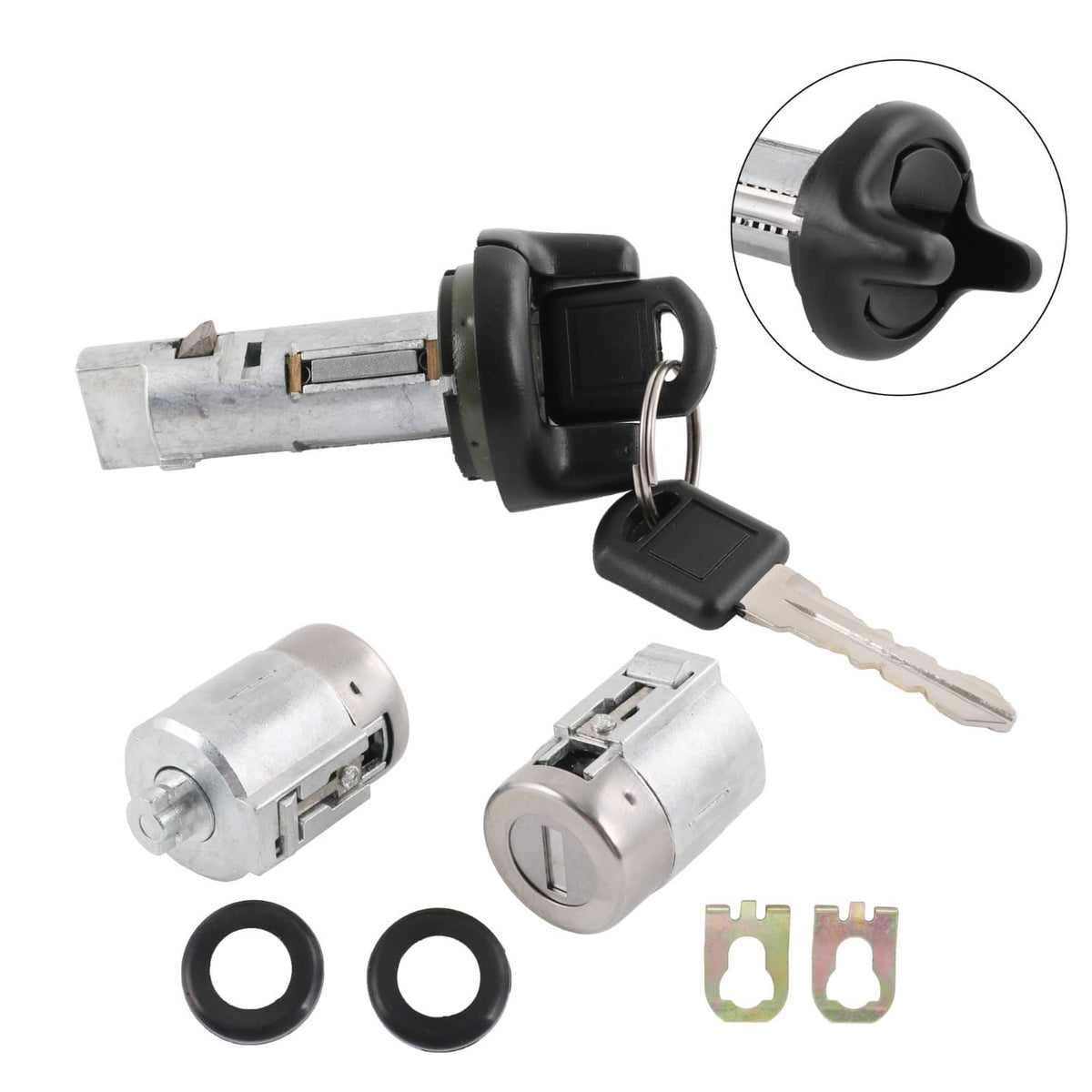 Ignition key switch cylinder with door lock set, keys, and lock cylinder components