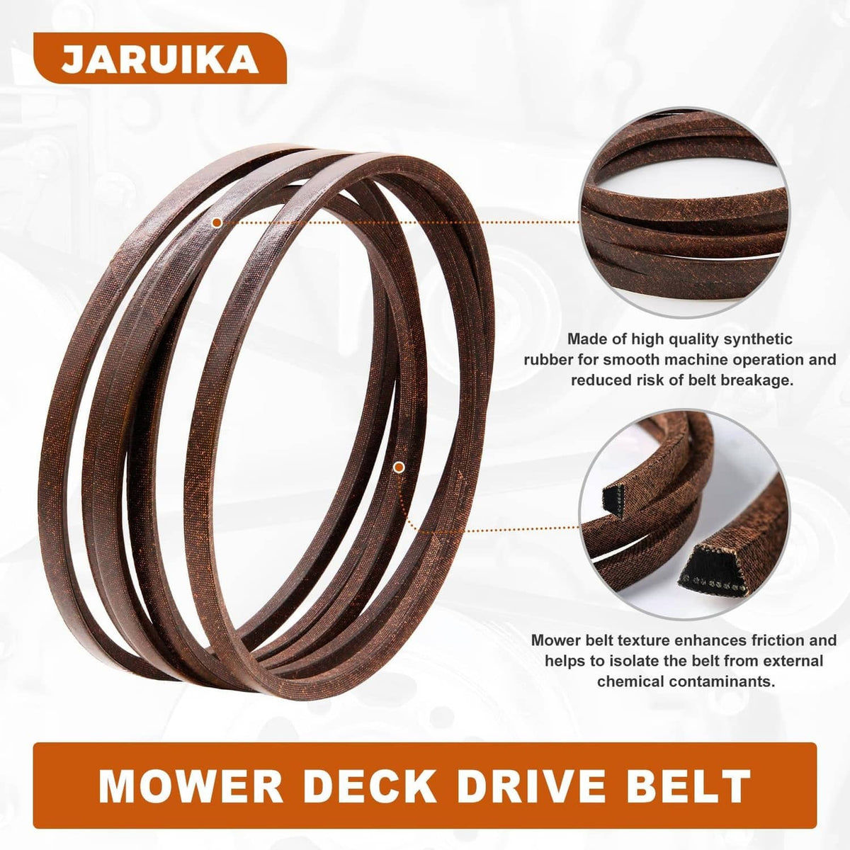 Brown mower deck drive belt replacement with textured outer surface, coiled