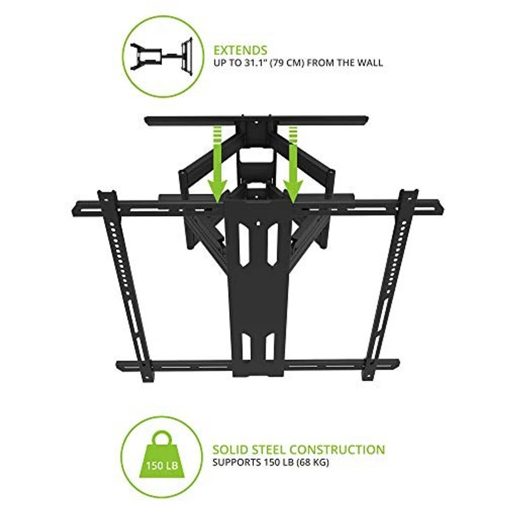 Black full-motion TV wall mount bracket with extendable arm assembly and center support